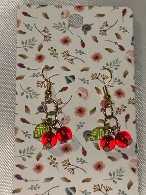 Gold-Tone Cherry Drop Earrings with Red and Green Accents